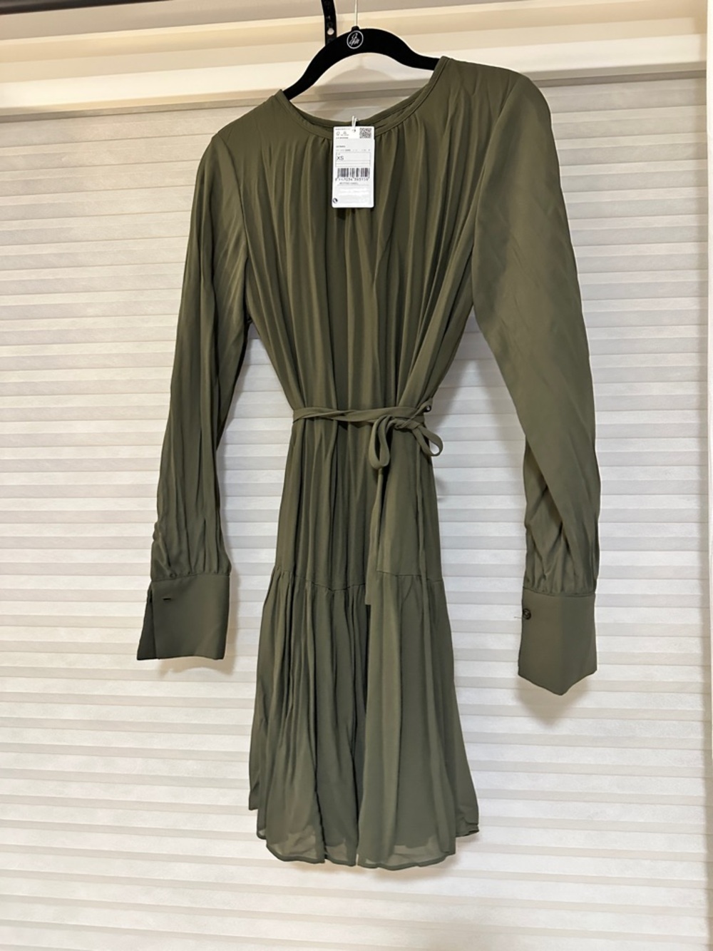 Mango Olive Green Long Sleeve Pleated Tie-Waist Dress